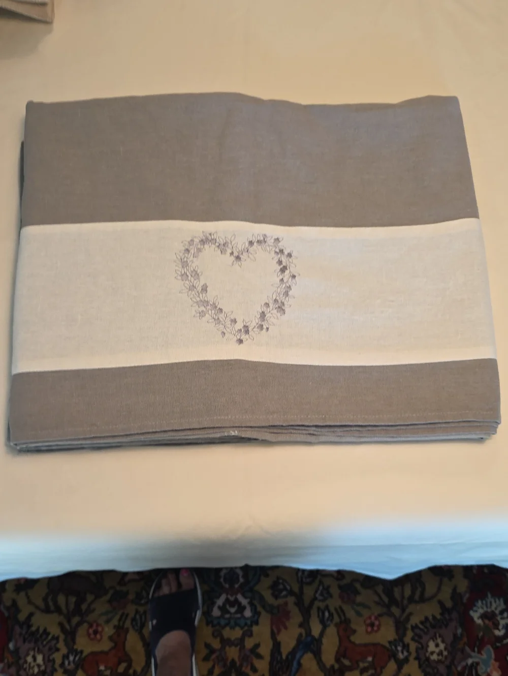 56x82 Linen Table Cloth with Heart Wreath Embroidery - Taupe & Cream